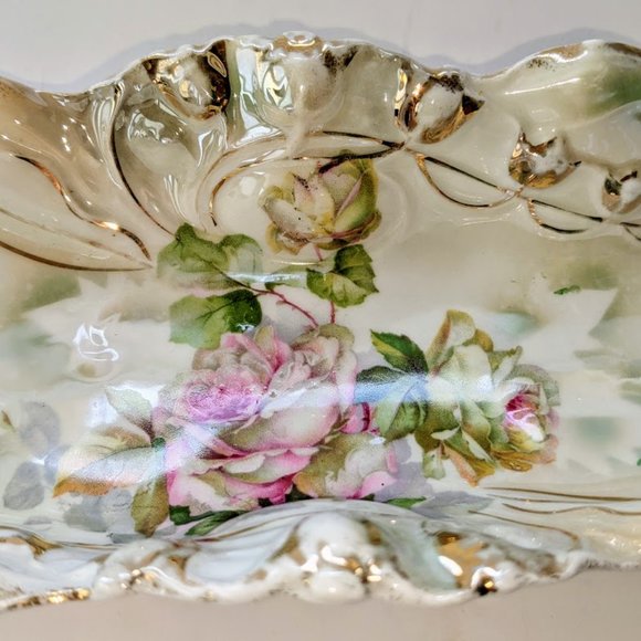 Gold Trimmed Porcelain Oval Dish Scalloped Edge 12" Made in Germany 1945 Roses - Picture 3 of 7